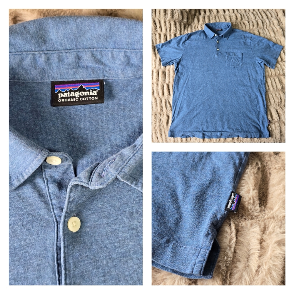 Patagonia Organic Cotton Polo Shirt Men's Size Large Blue Short Sleeves